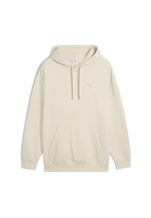 Sudadera beige con capucha ajustable, bolsillo tipo canguro y logo bordado en el pecho. Tejido suave y corte relajado.