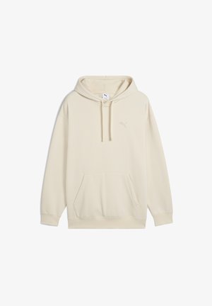 Beige hoodie med dragsko i huvan, känguruficka och broderad logotyp på bröstet. Mjuk tyg och avspänd passform.