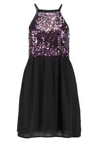 Czarna sukienka bez rękawów z purpurowym koronkowym gorsetem i gładką, płynącą spódnicą, z cienkimi ramiączkami.