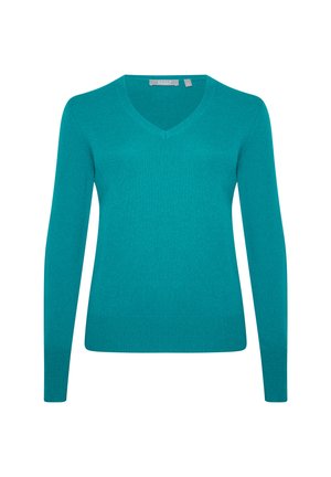 Pull turquoise à col en V en tissu tricoté. Présente des manches longues et une coupe ajustée. Texture lisse sans motifs ni accents visibles.