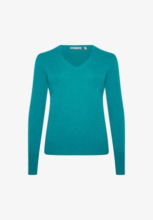 Pull turquoise à col en V en tissu tricoté. Présente des manches longues et une coupe ajustée. Texture lisse sans motifs ni accents visibles.