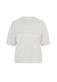 Pull gris clair à manches courtes, avec un col rond, une texture douce et une coupe décontractée. Détails de couture minimalistes à l'ourlet.