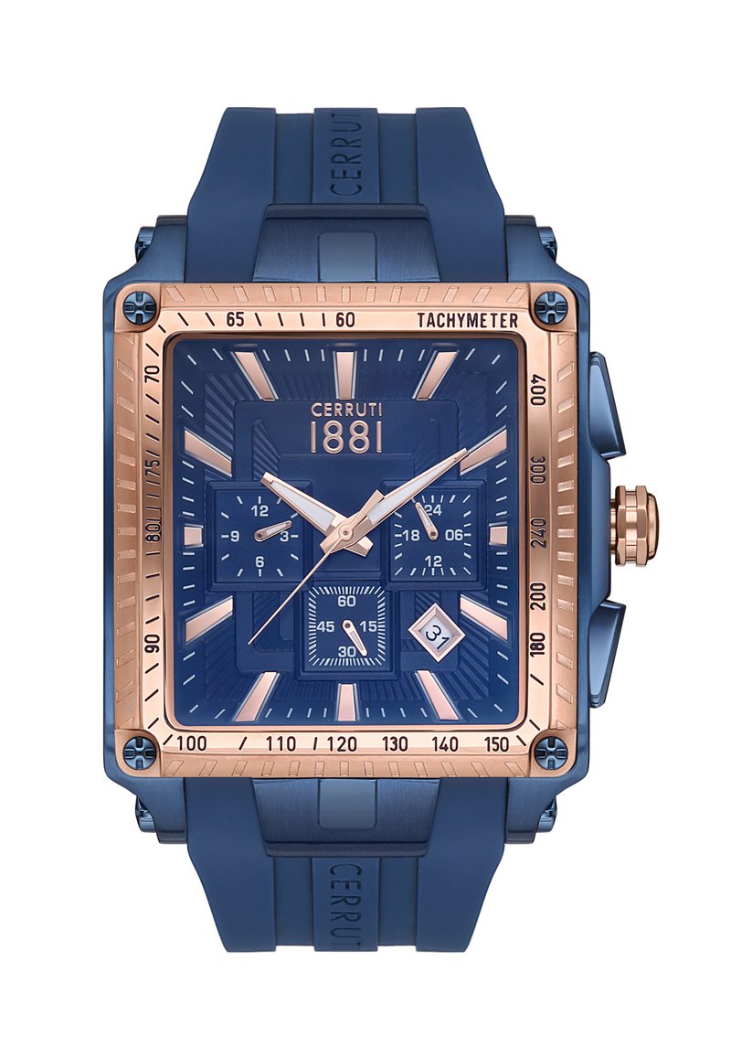 Cerruti 1881 kronograf s ura z pravokotnim modrim silikonskim trakcem, rožnato zlatimi detajli, teksturiranim modrim številčnico in več podštevilčnicami.