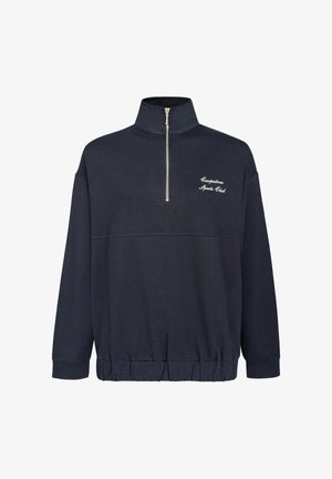 Zilā zip-up džemperis, izgatavots no mīkstas auduma, ar augstu apkakli, elastīgu apakšmalu un baltu izšūtu tekstu "Carpintero Sports Club".