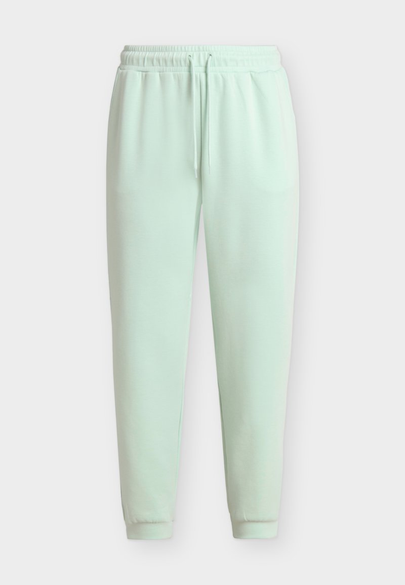 Ανοιχτό πράσινο παντελόνι τζόγκινγκ με ελαστική μέση, κορδόνι, πλαϊνές τσέπες και μανσέτες στους αστραγάλους σε λευκό φόντο.