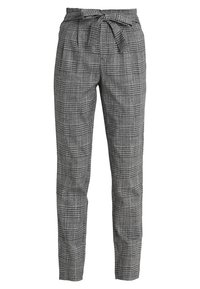 Šedé kostkované kalhoty s páskem v pase, zúžený střih, hladká textura a přední sklady. Vyrobeno z lehkého materiálu vhodného pro různé příležitosti.