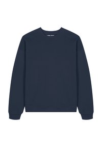 Felpa blu navy realizzata in tessuto morbido, con scollatura rotonda, maniche lunghe e polsini e orlo a coste. Nessun motivo o dettaglio visibile.