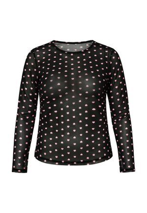 Zwarte top met lange mouwen van mesh en een ronde hals, versierd met gelijkmatig verdeelde kleine roze hartjespatronen.
