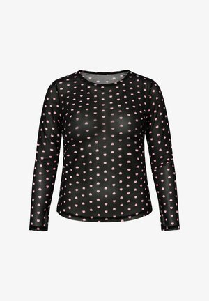 Zwarte top met lange mouwen van mesh en een ronde hals, versierd met gelijkmatig verdeelde kleine roze hartjespatronen.