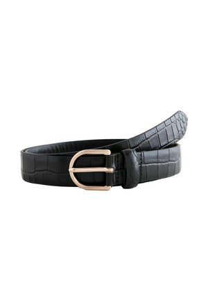 Cintura nera in similpelle con texture a coccodrillo, dotata di una fibbia a doppio ardiglione in metallo dorato e design con punta affusolata.