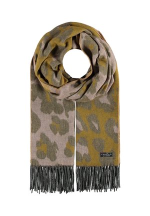 Sciarpa morbida in lana con stampa leopardata verde oliva e taupe, bordi frangiati e piccola etichetta nera del marchio.