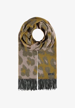 Écharpe en laine douce avec un motif léopard vert olive et taupe, extrémités à franges et une petite étiquette de marque noire.