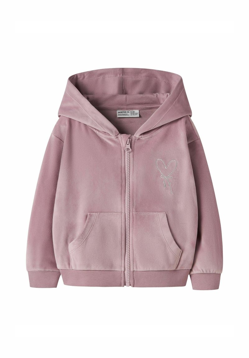 Rosa Fleece-Zip-Hoodie mit Fronttasche, großer Kapuze und gesticktem Herzdesign. Weicher Stoff und gerippte Bündchen am Saum.