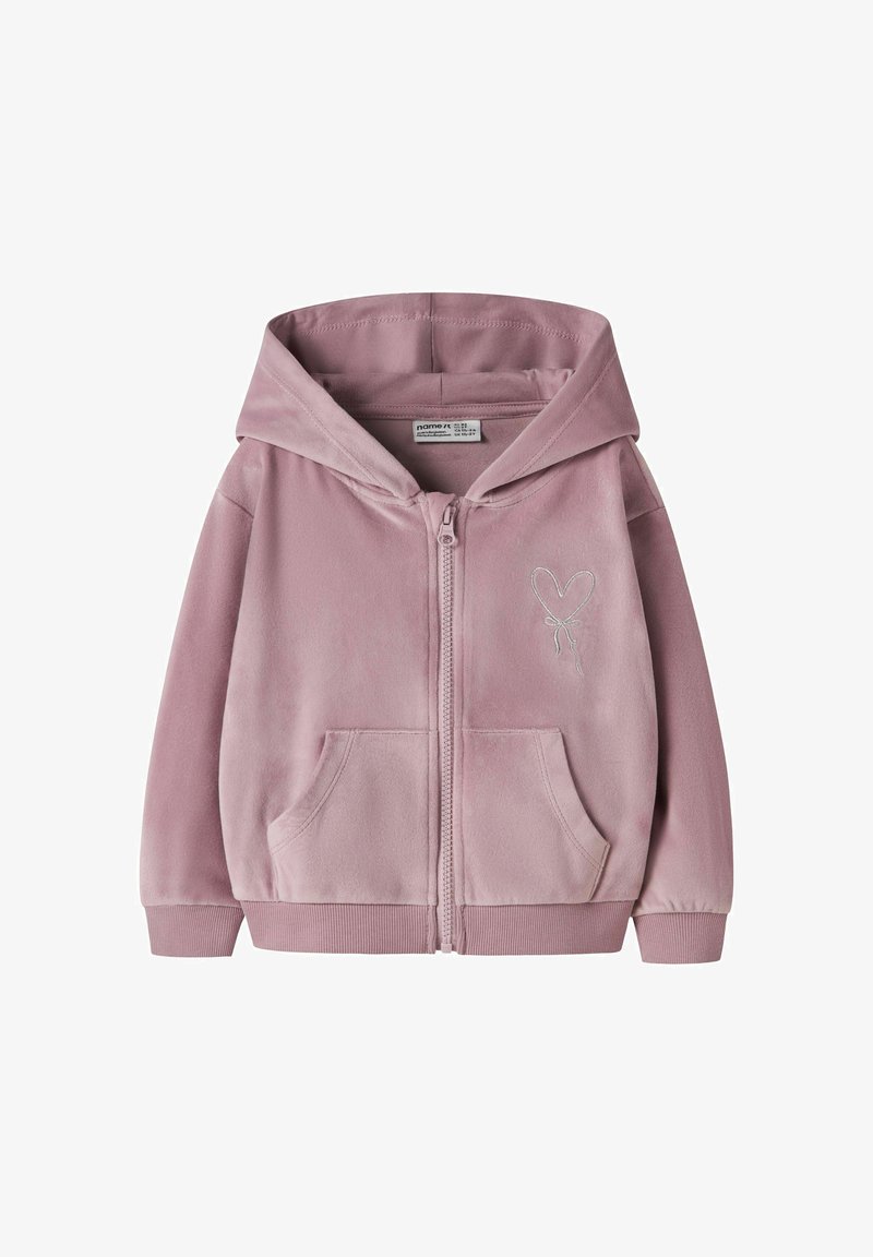 Rosa Fleece-Zip-Hoodie mit Fronttasche, großer Kapuze und gesticktem Herzdesign. Weicher Stoff und gerippte Bündchen am Saum.