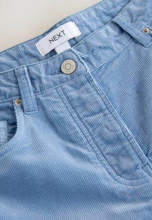 Light blue corduroy pants with a textured surface, featuring a metal button and label on the waistband. Close-up of stitching details.