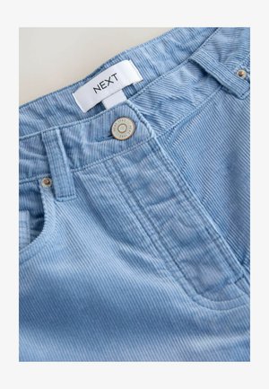 Light blue corduroy pants with a textured surface, featuring a metal button and label on the waistband. Close-up of stitching details.