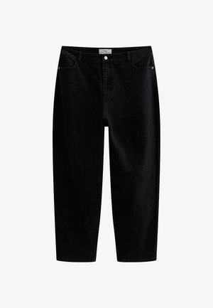 Czarne jeansy o prostych nogawkach i wysokim stanie, z zapięciem na guzik i suwak z przodu, szlufkami na pasek oraz pięcioma kieszeniami.