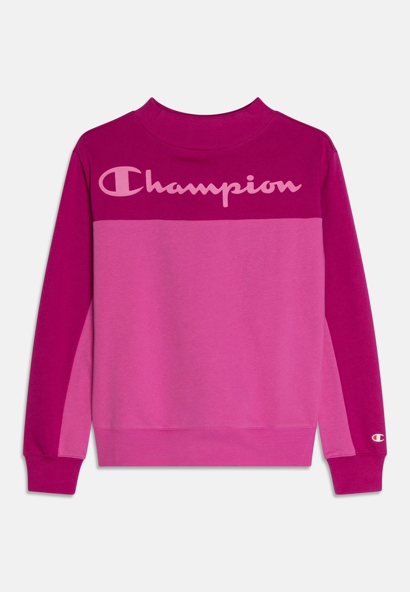 Felpa a blocchi di colore viola e rosa con collo a costine, con il logo "Champion" in rosa chiaro sul petto.