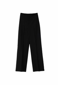 Black wide-leg trousers made from a smooth fabric, featuring a high waist and front pleats for added design detail.