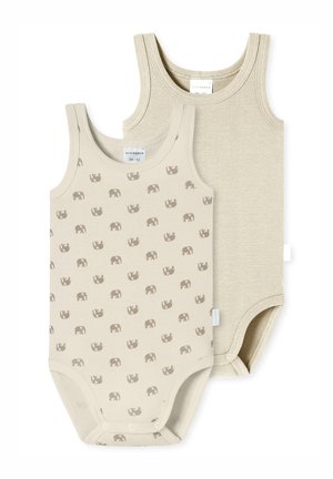 Zwei ärmellose Babybodys in neutralen Beige-Tönen. Einer hat ein wiederkehrendes Elefantenmuster, während der andere uni ist. Aus weichem Baumwollmaterial.