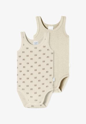 Due body in cotone senza maniche per neonati in tonalità beige neutre. Uno presenta una stampa ripetuta di elefanti, mentre l'altro è di un colore uniforme. Materiale in cotone morbido.