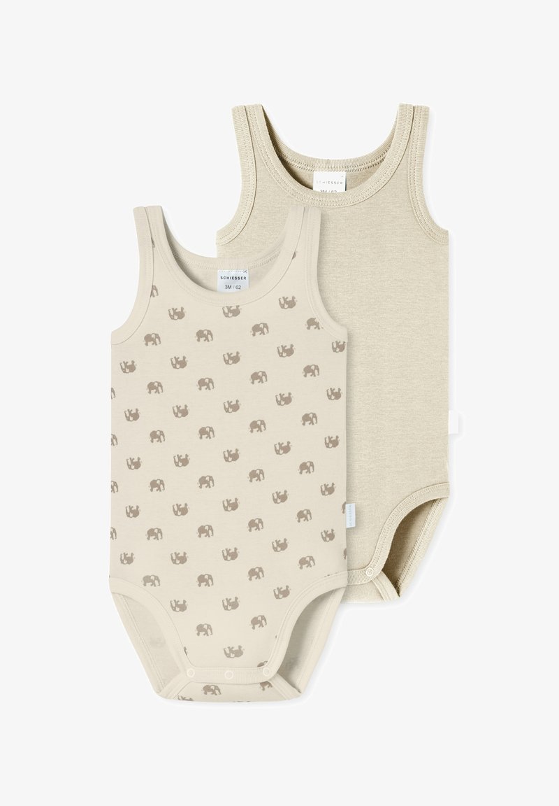 Dvě bezrukávové kojenecké body v neutrálních béžových tónech. Jedno má opakující se motiv slona, zatímco druhé je jednobarevné. Měkký bavlněný materiál.