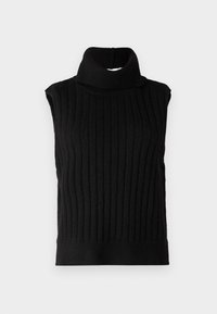 Svart ärmlös turtleneck-tröja med vertikalt ribbad textur och en figurnära silhuett. Slät tyg med en mjuk, elastisk finish.