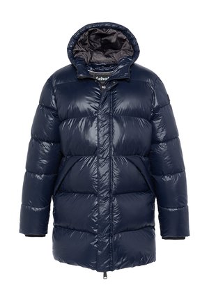 Doudoune navy avec un design brillant et matelassé, dotée d'une capuche, d'une fermeture éclair à l'avant et de poches sur les côtés, fabriquée à partir d'un matériau synthétique léger.