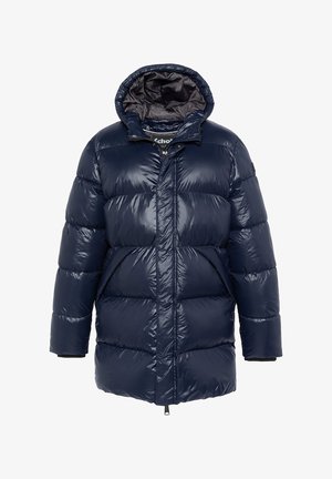 Marineblå dunjakke med en glat, quiltet design, der har hætte, frontlynlås og sidelommer, fremstillet af letvægts syntetisk materiale.