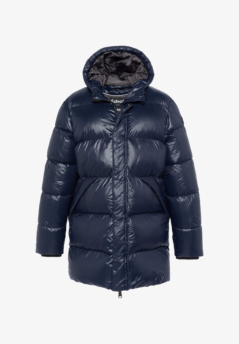 Navyblauer Steppjacke mit glänzendem, gestepptem Design, ausgestattet mit einer Kapuze, einem Frontreißverschluss und Seitentaschen, aus leichtem synthetischem Material.