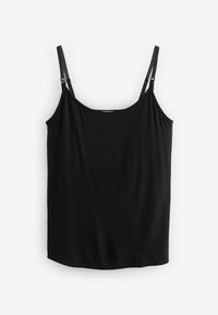 Zwarte tanktop met verstelbare spaghettibandjes, gemaakt van gladde stof. Kenmerkt zich door een losse pasvorm en een afgeronde zoom aan de onderkant.
