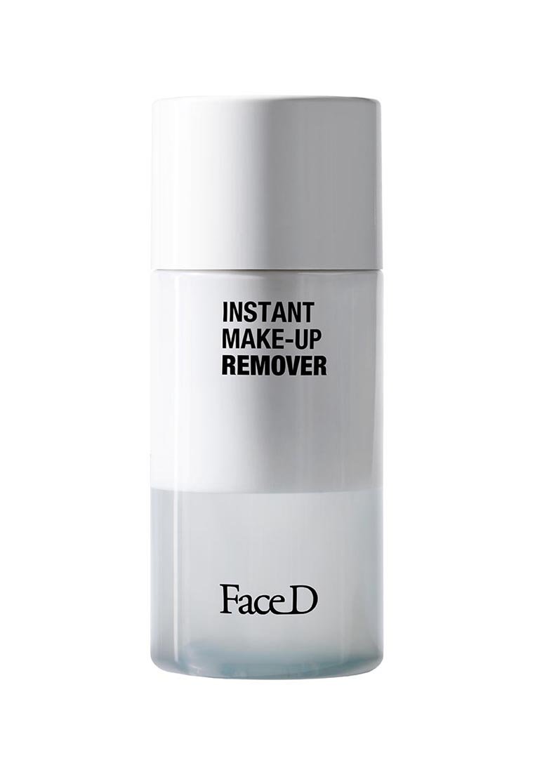 Bottiglia trasparente con un tappo bianco, che mostra "STRUCCANTE ISTANTANEO" in caratteri neri in grassetto e il logo "FaceD" in basso.