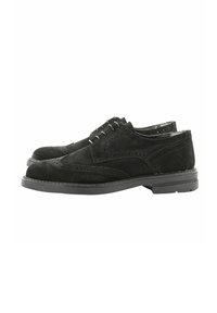 Scarpe eleganti da uomo in suede nero con dettagli brogue, design con lacci, punta arrotondata e suola in gomma a contrasto. Texture liscia con accenti intricati.