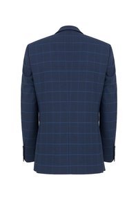 Granatowa marynarka w kratę w jaśniejszym odcieniu niebieskiego, z wyłogowym kołnierzem, dwoma wentylami z tyłu i guziczkami na mankietach. Tkanina ma teksturowane wykończenie.