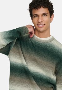 Pull tricoté avec un motif dégradé du vert au gris. Côtes aux poignets et à l'encolure, texture douce, col rond.