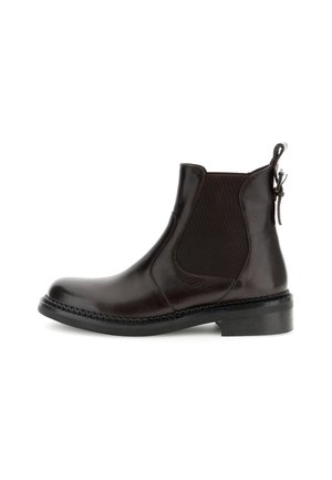 Stivaletto alla caviglia in pelle nera con pannello laterale elastico, tacco basso, suola cucita, linguetta e cerniera sul retro.