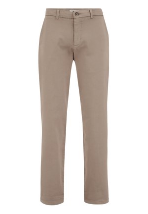 Beige katoenen broek met een rechte pasvorm, voorzien van een knoopsluiting, voorkantzakken en een gladde textuur. Geen patronen of versieringen.