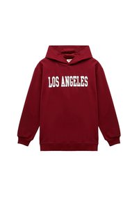 Bordowa bluza z kapturem z kangurzą kieszenią, regulowanym sznurkiem w kapturze oraz napisem "LOS ANGELES" białymi literami w bloku na przodzie. Miękka tkanina.