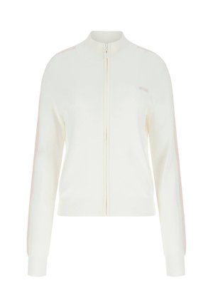 Biały sweter na zamek błyskawiczny z długimi rękawami, ściągaczami na mankietach i u dołu, z subtelnymi różowymi paskami na rękawach oraz małym logo na piersi.