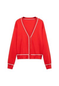 Roter Strickjacke mit Knöpfen, weißen Besätzen an den Kanten, Bündchen und Saum, mit langen Ärmeln und V-Ausschnitt.