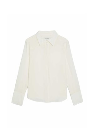 Crème knoopshirt met een puntige kraag, lange mouwen en contrasterende manchetten. Glad materiaal met een minimalistisch ontwerp, zonder patronen.