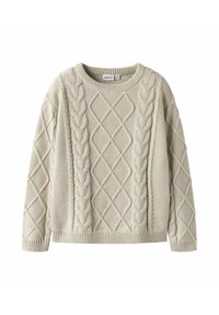 Maglione lavorato a maglia beige con design a trecce, scollo rotondo e maniche lunghe con orli a coste e motivi a losanga.
