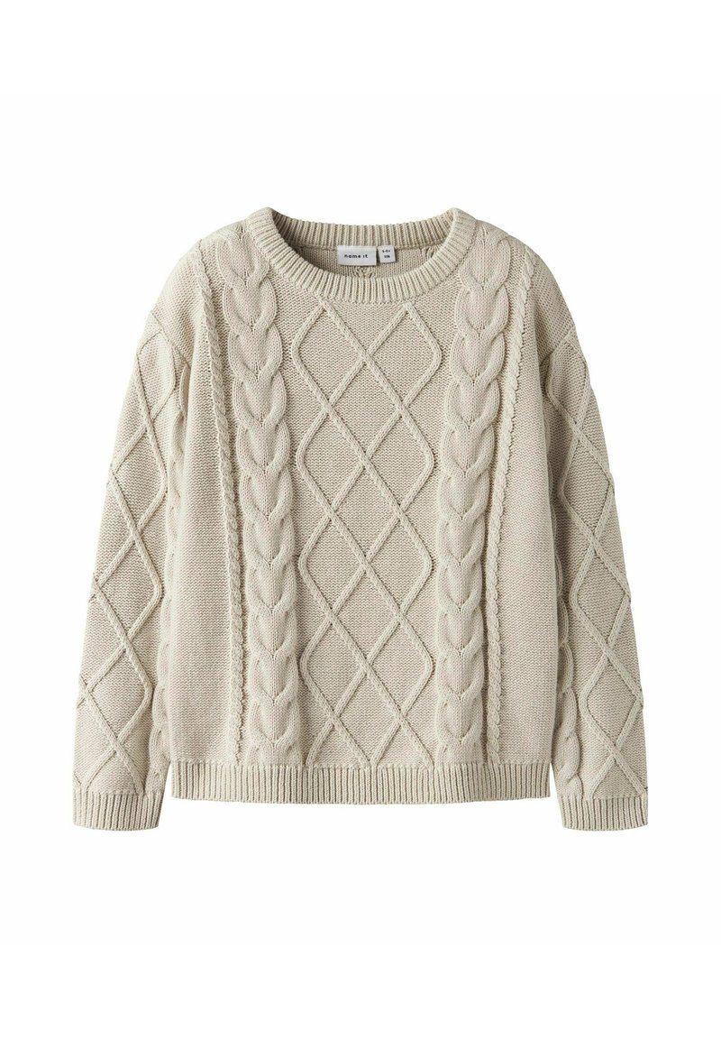 Maglione lavorato a maglia beige con design a trecce, scollo rotondo e maniche lunghe con orli a coste e motivi a losanga.