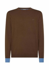 Maglione marrone a maglia con collo rotondo, dettagli blu ai polsini e un piccolo logo sul petto. Tessuto morbido e design aderente.