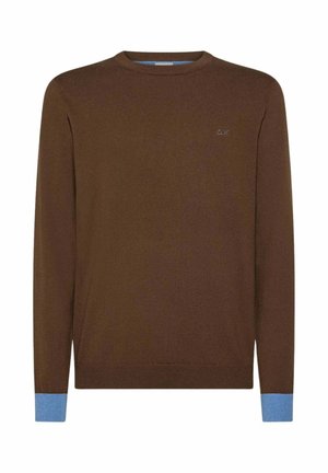 Maglione marrone a maglia con collo rotondo, dettagli blu ai polsini e un piccolo logo sul petto. Tessuto morbido e design aderente.