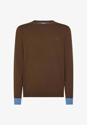 Maglione marrone a maglia con collo rotondo, dettagli blu ai polsini e un piccolo logo sul petto. Tessuto morbido e design aderente.