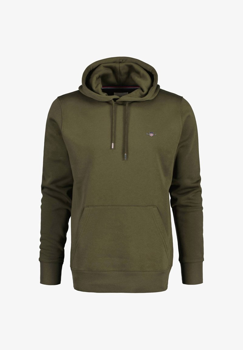 Olivgrüner Pullover-Hoodie, Baumwollmischung, mit einer Vordertasche, verstellbarem Kordelzug und Logo auf der Brust. Rippstrickbündchen und -saum.