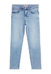 Jeans di denim azzurro chiaro con un classico design a cinque tasche, slim fit e una leggera scoloritura. Presentano una chiusura a bottone e passanti per la cintura.