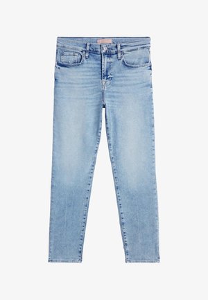 Jasnoniebieskie jeansy denimowe w klasycznym pięciokieszeniowym fasonie, slim fit, z delikatnymbiegnącym wytarciem. Posiadają zapięcie na guzik i paski.