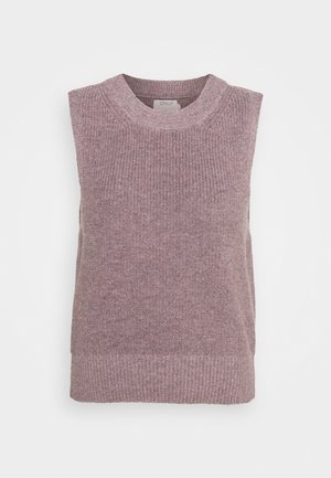 Beżowy sweter bez rękawów wykonany z miękkiego, prążkowanego materiału. Kolor jasny mauve z okrągłym dekoltem i teksturowanym, dopasowanym wykończeniem.